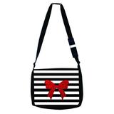 Red Bow Ribbon on Black and White Stripes - Faux Glitter Print Design - Girls Black Laptop Shoulder Messenger Bag