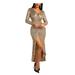 Women Sexy Sequin Glitter Long Sleeve Deep V Neck Evening Party Maxi Prom Dress