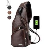 GustaveDesign Sling Bag Men Chest Shoulder Backpack waterproof Leather Crossbody Bag with USB Charging Outdoor Hiking Travel "Dark Brown"
