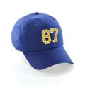 Customized Number Hat 00 to 99 Team Colors Baseball Cap, Blue Hat White Gold Number 87