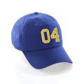 Customized Number Hat 00 to 99 Team Colors Baseball Cap, Blue Hat White Gold Number 04