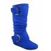 Bank-81 Women's Fashion Zipper Big Buckle Slouch Casual Flat Heel Mid Calf Round Toe Boots