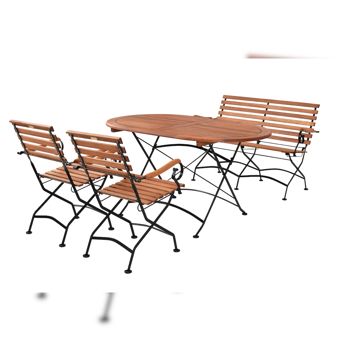 Merxx Schlossgarten Set 4tlg. 2 Klappsessel, 1 Bank, 1 Tisch Oval 140 x 90 cm, Flachstahl/Eukalyptus Image