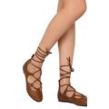 New Breckelles Ava-01 Women Leatherette Lace Up Ankle Wrap Ballet Flat