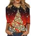 Kddylitq Christmas 3/4 Sleeve T Shirt Women Casual Santa Claus Elbow Cute Blouses Snowflake Snowman Plus Size Crew Neck Tunics Printed Graphic Tree Tops