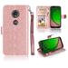 for 6 Motorola Moto E5 Plus Luxury Glitter Hybrid Material Grip & Anti-Slip Dust & Debris Protection Shock Absorption Foldable Kickstand Landscape Mode Leather Strap Slot Wallet Case [Rosegold]