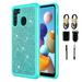 Value Pack + for Samsung Galaxy A21 with Tempered Glass Glitter Hard Case Hybrid Cell Phone Case Glitter Shock proof Edge Slim Bumper Scratch Cover (Teal)