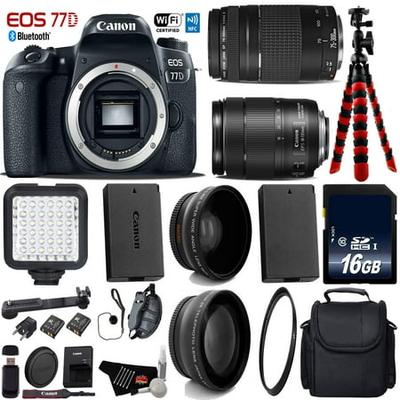 Canon EOS 77D DSLR Camera with 18-135mm is Lens & 75-300mm III Lens + LED + UV FLD CPL Filter Kit + Wide Angle & Telephoto Lens + Camera Case +