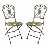 Westcharm Outdoor Folding Metal Patio Bistro Chair 2-Piece Set with Scrolling Heart & Peacock Tail Motif Verdigris Green