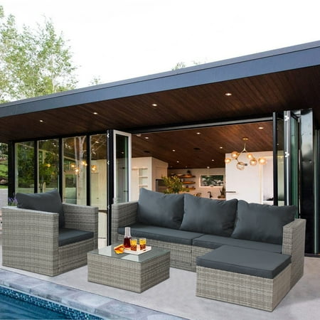 Rattan Patio Sofa Set 4 Pieces Outdoor Sectional Furniture Set All-Weather PE Rattan Wicker Patio Conversation Set Cushioned Sofa Set with Glass Table for Patio Garden Poolside Deck K2815