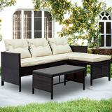 3 Piece Outdoor Patio Conversation Set 2 Rattan Wicker Chairs with Glass Table and Ottoman All-Weathe Patio Sofa Furniture Set with Cushions for Backyard Porch Garden Pool L2314