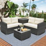 Segmart Outdoor Patio Conversation Set 4 PCS All-Weather PE Rattan Sectional Sofa with Table and Storage Box Manual-Woven Wicker Couch Chair Set Outdoor Patio Deck Garden Bistro Set
