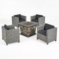 Noble House Wentz Outdoor 4 Club Chair Chat Set with Fire Pit Mix Black