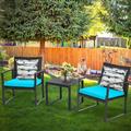 Patio 3-Piece Conversation Black Wicker Furniture-Two Chairs with Glass Coffee Table Light Blue