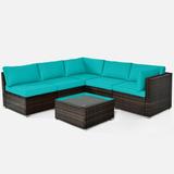 Patiojoy 6PCS Wicker Patio Sectional Conversation Furniture Set with Coffee Table & Seat Cushions Turquoise