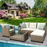 uhomepro 4-Piece Outdoor Sectional Sofa Set with Loveseat and Lounge Sofa Armchair Patio Furniture Set with Coffee Table All-Weather Wicker Furniture Conversation Set for Backyard Pool Q16382