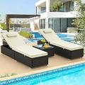 SEGMART 3 Pieces Outdoor Rattan Wicker Lounge Chairs Set Adjustable Reclining Backrest Lounger Chairs and Table Modern Rattan Chaise Chairs with Table & Cushions Pool Yard Deck Beige