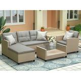 Patio Rattan Sectional Sofa Set 4 Piece 4 Seats Outdoor Wicker Furniture Set Elegant Cushioned Sofa Set Conversation Set with Coffee Table & Cushions for Backyard Balcony Lawn Poolside B734