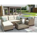 Outdoor Rattan Conversation Set 4 Pieces Wicker Sofa Set Outdoor Seating Set with Soft Cushions & Glass Coffee Table Outdoor Patio Chairs for Deck Balcony Lawn