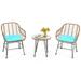 Patiojoy 3PCS Patio Rattan Furniture Set with Round Tempered Glass Top Table & 2 Rattan Armchairs Turquoise Cushions