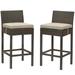 Contemporary Modern Urban Designer Outdoor Patio Balcony Garden Furniture Bar Side Stool Chair Set of Two Fabric Rattan Wicker Brown Beige