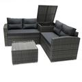 4 Piece Patio Furniture with Storage PE Rattan Sofa Set with Dining Table and Storage Box Wicker Cushioned Sofa Set Outdoor Sectional Sofa for Garden Deck Poolside Backyard JA1734