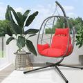 Outdoor Egg Chair Patio Wicker Swing Egg Chair with Stand Steel Frame Hanging Chair with Soft Cushion and Pillow for Bedroom Patio Balcony 350-pound Weight Capacity
