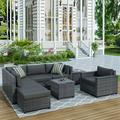 Patio Furniture Sectional Sofa Set 8 PCS Rattan Wicker Sofa Set Premium All-Weather Sofa Couch Conversation Set w/2 Glass Tables and 13 Zippered Cushions for Deck Garden Backyard Poolside K2456