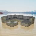 Anself 8 Piece Outdoor Conversation Set Cushioned Sectional Sofa Set with Coffee Table and Ottoman Gray Poly Rattan Patio Lounge Set for Garden Backyard Balcony Terrace Furniture