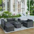 enyopro Patio Furniture Sectional Sofa Set 8 PCS Rattan Wicker Sofa Set Premium All-Weather Sofa Couch Conversation Set w/2 Glass Tables & 13 Cushions for Deck Garden Backyard Poolside K2459