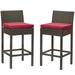 Contemporary Modern Urban Designer Outdoor Patio Balcony Garden Furniture Bar Side Stool Chair Set of Two Fabric Rattan Wicker Brown Red