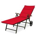Patiojoy Outdoor Rattan Wicker Lounge Chair Folding Patio Chaise w/ Wheels Red Cushion