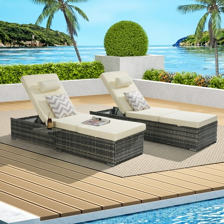 Outdoor Chaise Lounge Chairs with Cushion Segmart Rattan Patio Furniture Set of 2 with Side Table Wicker Recliner with Adjustable Backrest & Pillow Max Weight 600 lbs Beige