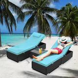 Outdoor 3-Piece Patio Furniture Sets All-Weather Wicker Pool Reclining Chaise Chairs Set with 2 Pillows 5-Level Angles Adjust Backrest Outdoor Lounge with Coffee Table & Cushions S1547