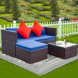 Rattan Wicker Sectional Sofa Set 3 Piece Outdoor Patio Furniture Sets 3-Seat Sofa 1 Footstool&Coffee Table Patio Conversation Sets for Backyard Lawn Bistro Garden Blue Cushion W10969