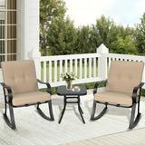 SUNCROWN 3-Piece Outdoor Patio Bistro Set Black Metal Rocking Chairs and Table with Brown Cushions