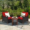 Gymax 3PCS Patio Wicker Rattan Conversation Set Outdoor Furniture Set w/ Red Cushion