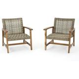 Christopher Knight Home Hampton Outdoor Mid-Century Wicker Club Chairs with Acacia Wood Frame 2-Pcs Set Natural Stained / Grey