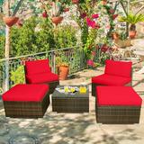 Patiojoy 5-Piece Outdoor Rattan Wicker Sofa Set Lounge Chair with Red Cushions