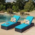 2 Pieces Outdoor Patio Lounge Chair Adjustable Chaise Long Rattan Chair Wicker Chaise Additional Lounge Chair Patio Furniture Black Wicker Blue Cushions