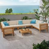 Graham Outdoor 9 Seater Acacia Wood Sectional Sofa Set Teak Finish Beige