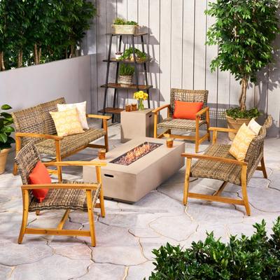 Augusta Outdoor Acacia Wood and Wicker 6 Seater Chat Set with Fire Pit by Christopher Knight Home