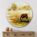 East Urban Home Horse Grazing On A Meadow - Farmhouse Metal Circle Wall Art Metal in Yellow | 23" H x 23" W x 1" D | Wayfair