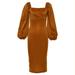 Women's Elegant Dress Skirt Mid-Length Waist Hugging Puff Sleeve Stretch Cotton Long-Sleeved Dress