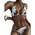 Kiapeise 2Pcs Women Printed Bikini Chain Halter Tops + Triangle Bottoms