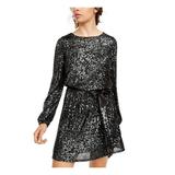 CRYSTAL DOLLS Womens Black Sequined Long Sleeve Jewel Neck Short Fit + Flare Evening Dress Size XS