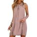 UKAP Women Casual Loose Swing Dress Halter Neck Boho Geometric Graphic Sleeveless Short Dress with Keyhole Pink M(US 6-8)