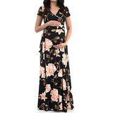 Bellella Women Pregnancy Maternity Boho Dress Short Sleeve V Neck Casual Maxi Dress Floral Printed Long Dress with Waist Belt