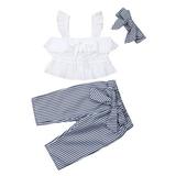 Pudcoco Toddler White Sleeveless Vest Crop Tops+Striped Bow Pants Outfit