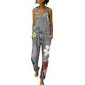 Women Denim Jumpsuit Floral Printed Dungarees Playsuit Distressed Ripped Jeans Straps Overalls Trousers Loose Sleeveless Baggy Pockets Long Bib Pants